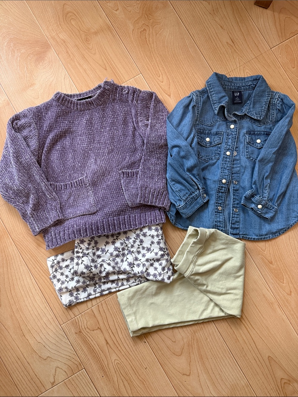 DKNY purple chenille sweater, flower leggings, Baby Gap Denim Shirt, size 2T